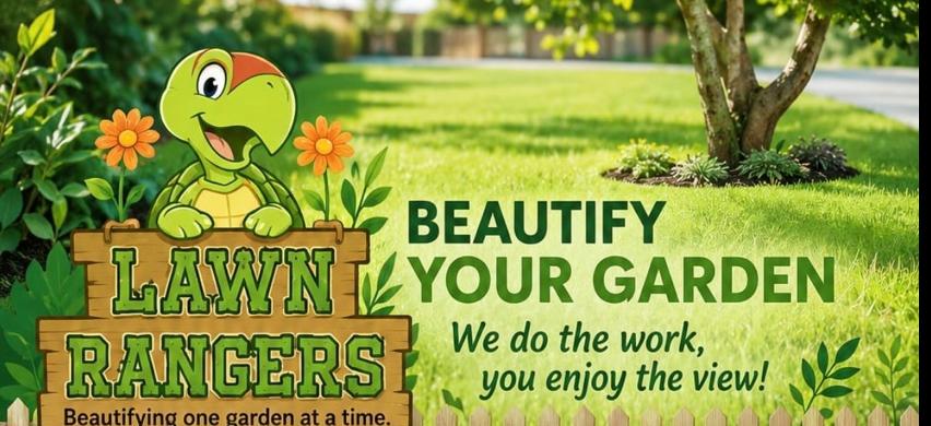 Lawn Rangers flyer hero with mascot and slogan
